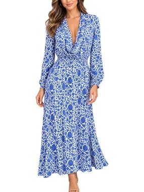 Natalie Martin Blue White Sz XS/S Floral V neck Maxi Dress Vacation Resort